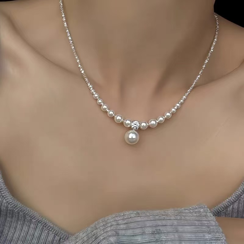 Elegant Pearl Choker Necklace for Women – Ins Style Minimalist Design with Crystal Accent and Drop Pearl Pendant (Silver Tone) - Image 1