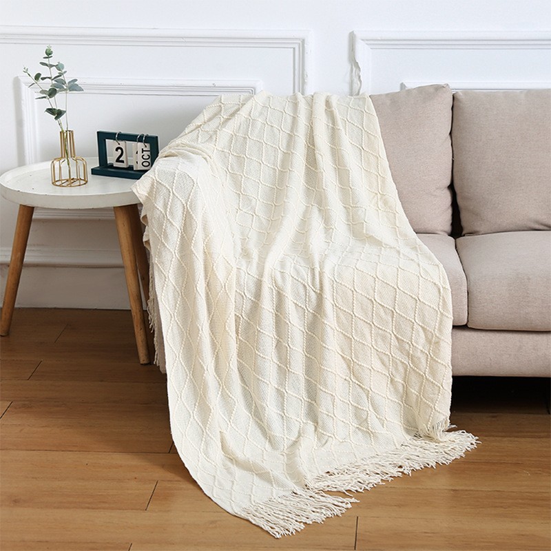 Beige Nordic Minimalist Knit Throw Blanket – 127×180cm Lightweight, Soft & Breathable Fleece-like Fabric with Tassel Edges for Sofa, Bed, Yoga & Air Conditioning Use - Image 1