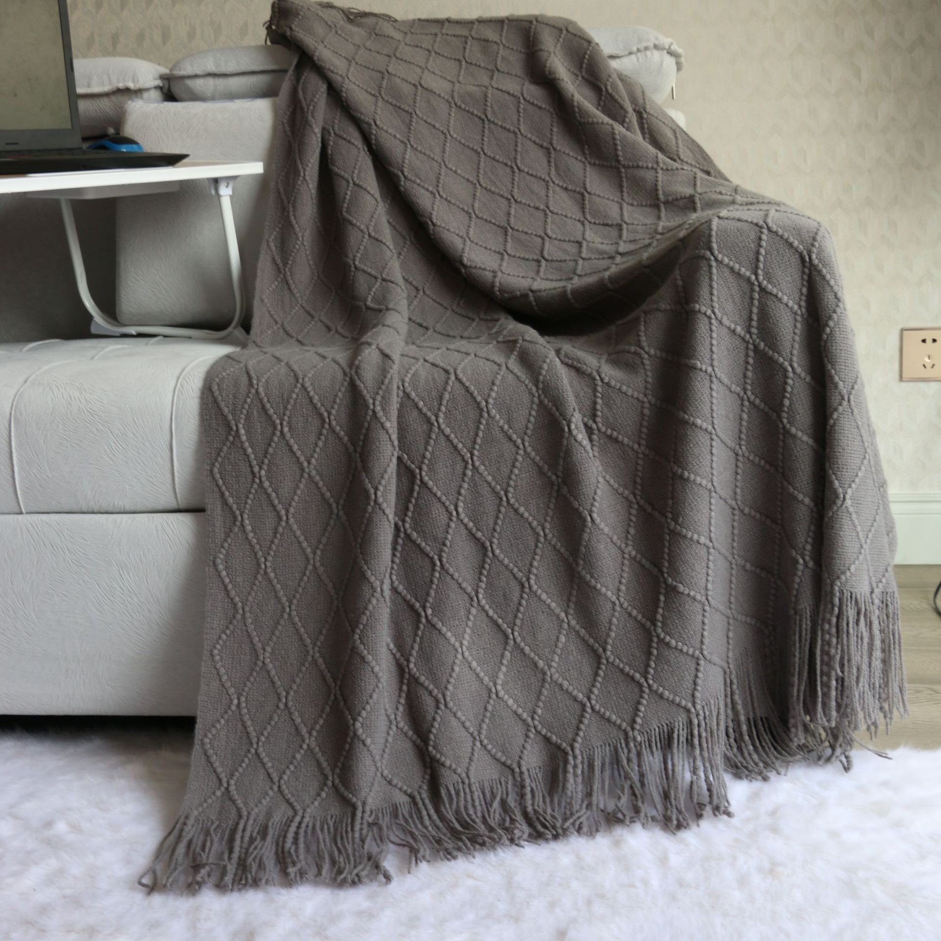 Smoky grey Nordic Minimalist Knit Throw Blanket – 127×180cm Lightweight, Soft & Breathable Fleece-like Fabric with Tassel Edges for Sofa, Bed, Yoga & Air Conditioning Use - Image 1
