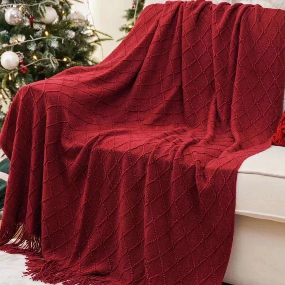 Red Nordic Minimalist Knit Throw Blanket – 127×180cm Lightweight, Soft & Breathable Fleece-like Fabric with Tassel Edges for Sofa, Bed, Yoga & Air Conditioning Use - Image 1