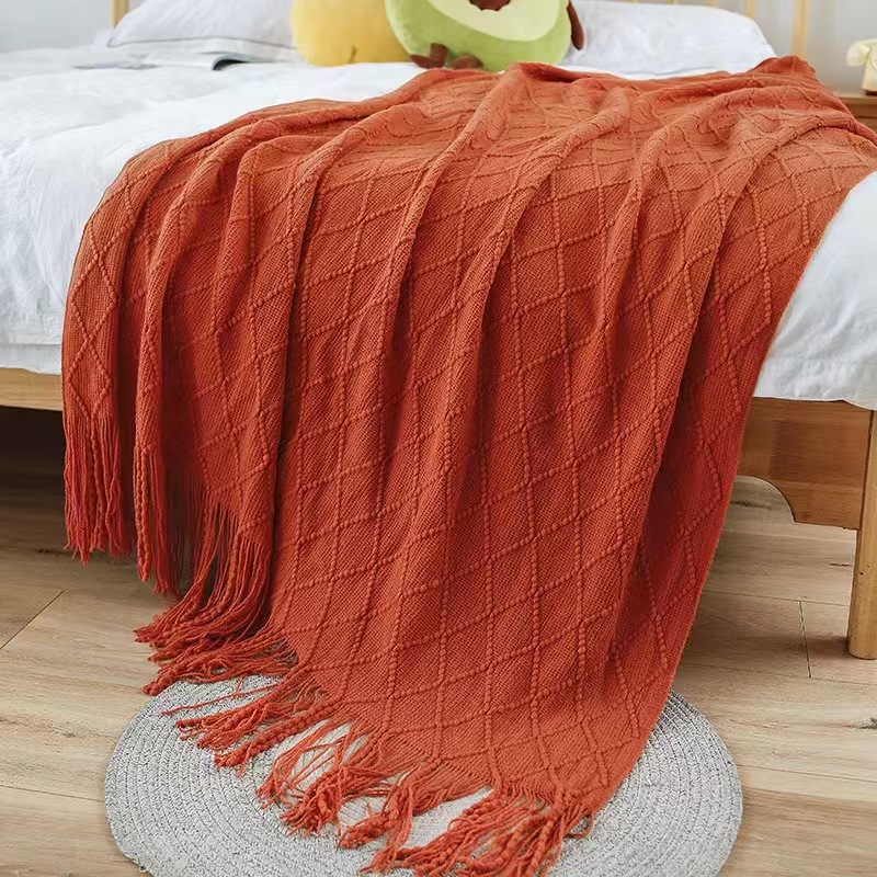 Brick-red Nordic Minimalist Knit Throw Blanket – 127×180cm Lightweight, Soft & Breathable Fleece-like Fabric with Tassel Edges for Sofa, Bed, Yoga & Air Conditioning Use - Image 1