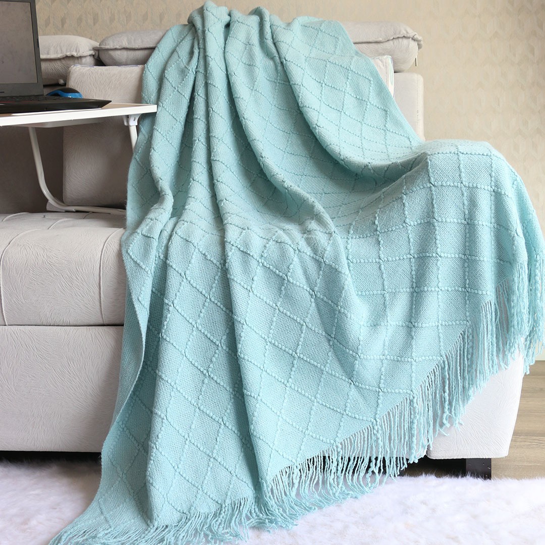Lake blue Nordic Minimalist Knit Throw Blanket – 127×180cm Lightweight, Soft & Breathable Fleece-like Fabric with Tassel Edges for Sofa, Bed, Yoga & Air Conditioning Use - Image 1