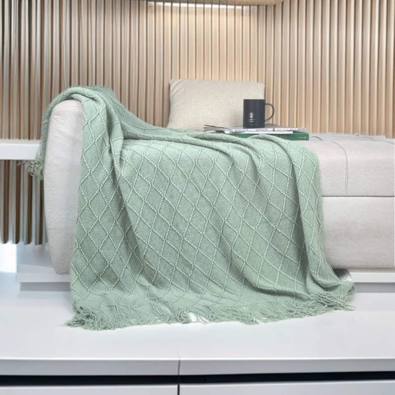 Mint green Nordic Minimalist Knit Throw Blanket – 127×180cm Lightweight, Soft & Breathable Fleece-like Fabric with Tassel Edges for Sofa, Bed, Yoga & Air Conditioning Use - Image 1