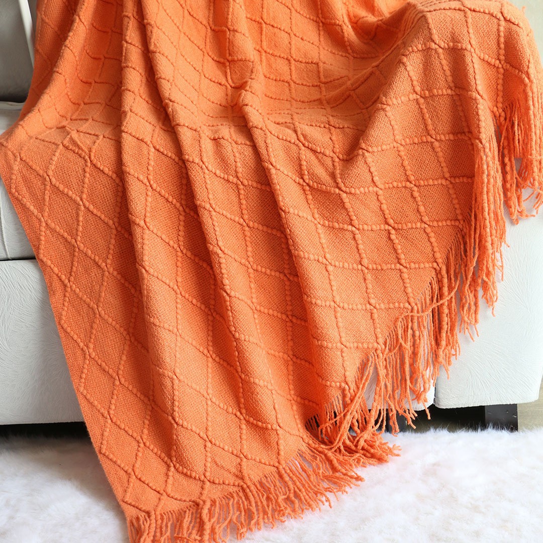 Orange-red Nordic Minimalist Knit Throw Blanket – 127×180cm Lightweight, Soft & Breathable Fleece-like Fabric with Tassel Edges for Sofa, Bed, Yoga & Air Conditioning Use - Image 1