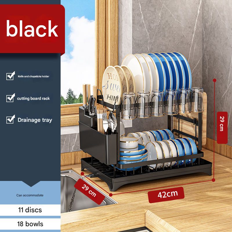 Black Foldable Dish Rack with Drain Tray, Knife & Chopstick Holder, Cup Rack, and Cutting Board Support – 42cm x 29cm x 29cm, Easy-Install Kitchen Storage Organizer for Plates, Bowls, Glasses, and Utensils - Image 1