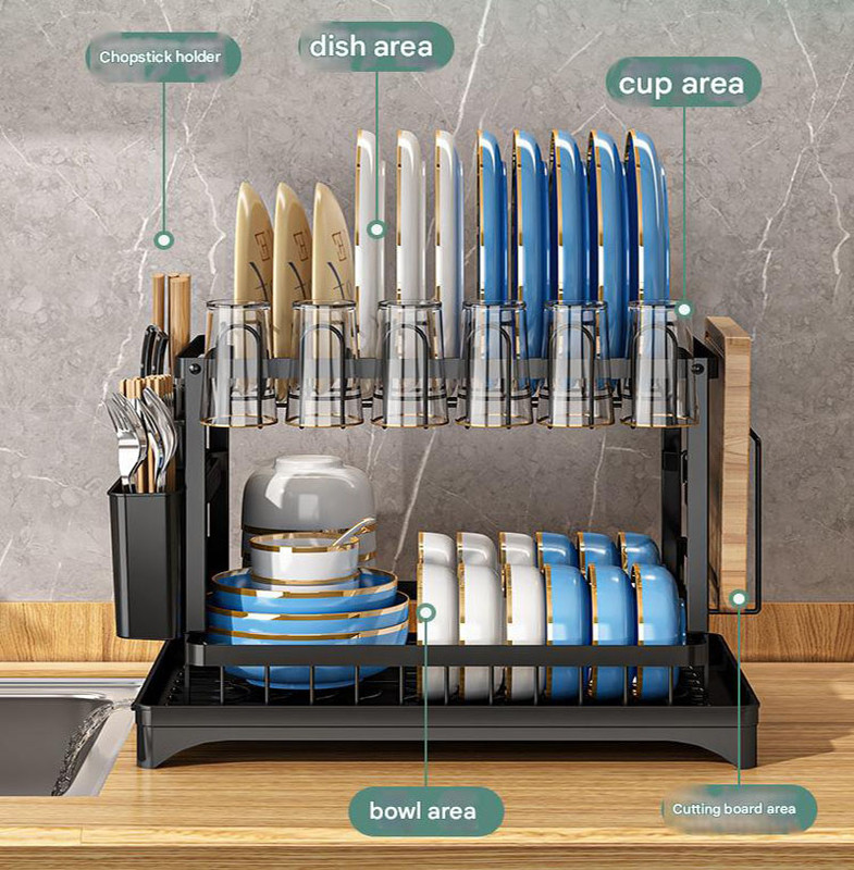 Black Foldable Dish Rack with Drain Tray, Knife & Chopstick Holder, Cup Rack, and Cutting Board Support – 42cm x 29cm x 29cm, Easy-Install Kitchen Storage Organizer for Plates, Bowls, Glasses, and Utensils - Image 2