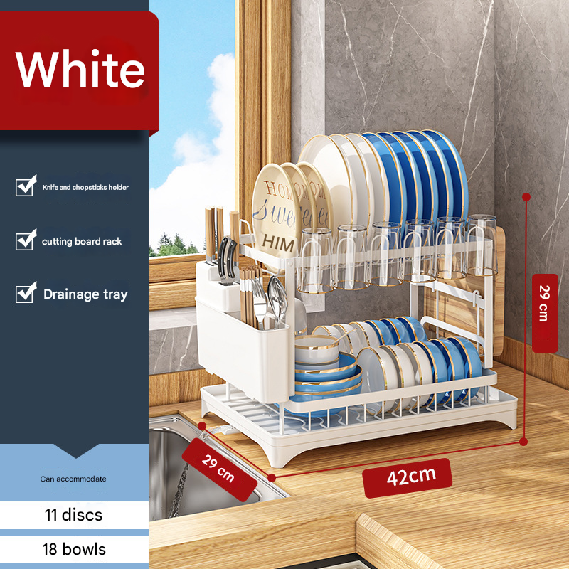 White Foldable Dish Rack with Drain Tray, Knife & Chopstick Holder, Cup Rack, and Cutting Board Support – 42cm x 29cm x 29cm, Easy-Install Kitchen Storage Organizer for Plates, Bowls, Glasses, and Utensils - Image 1