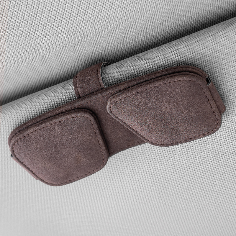 Brown Car Sun Visor Sunglasses Holder – Magnetic Dual Clip Organizer with Suede Finish, No-Drill Mounting for Glasses, Cards & Tickets - Image 1