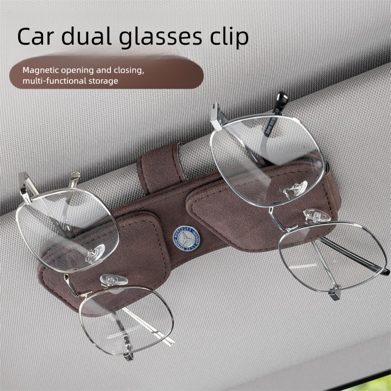 Brown Car Sun Visor Sunglasses Holder – Magnetic Dual Clip Organizer with Suede Finish, No-Drill Mounting for Glasses, Cards & Tickets - Image 6