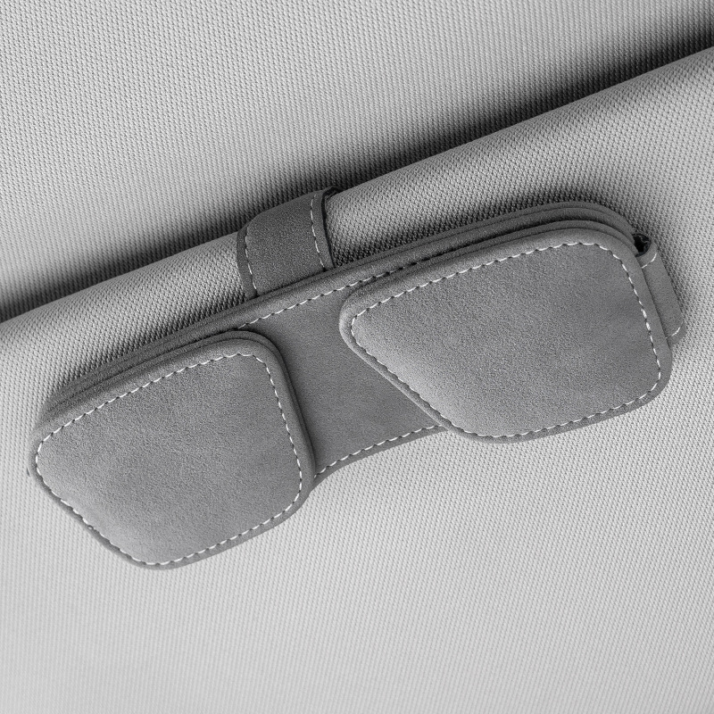 Grey Car Sun Visor Sunglasses Holder – Magnetic Dual Clip Organizer with Suede Finish, No-Drill Mounting for Glasses, Cards & Tickets - Image 1