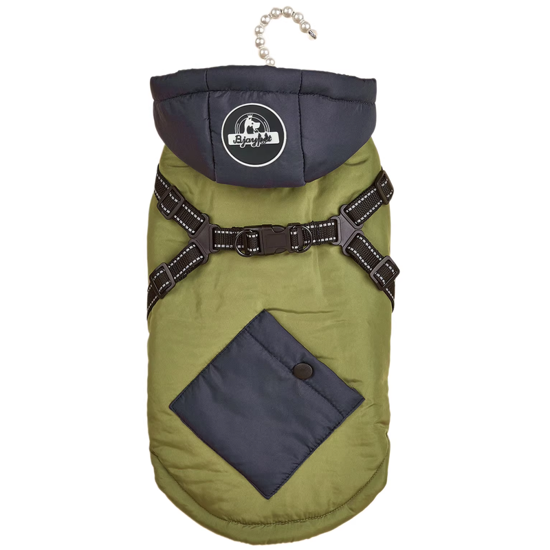 Green Thickened Winter Dog Coat with Reflective Strips – Waterproof, Windproof Pet Jacket for Small to Medium Dogs, Adjustable Fit with Detachable Leash Hook and Decorative Velcro Patch(Size: S) - Image 1