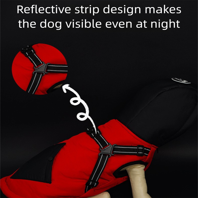 Red Thickened Winter Dog Coat with Reflective Strips – Waterproof, Windproof Pet Jacket for Small to Medium Dogs, Adjustable Fit with Detachable Leash Hook and Decorative Velcro Patch(Size: S) - Image 4