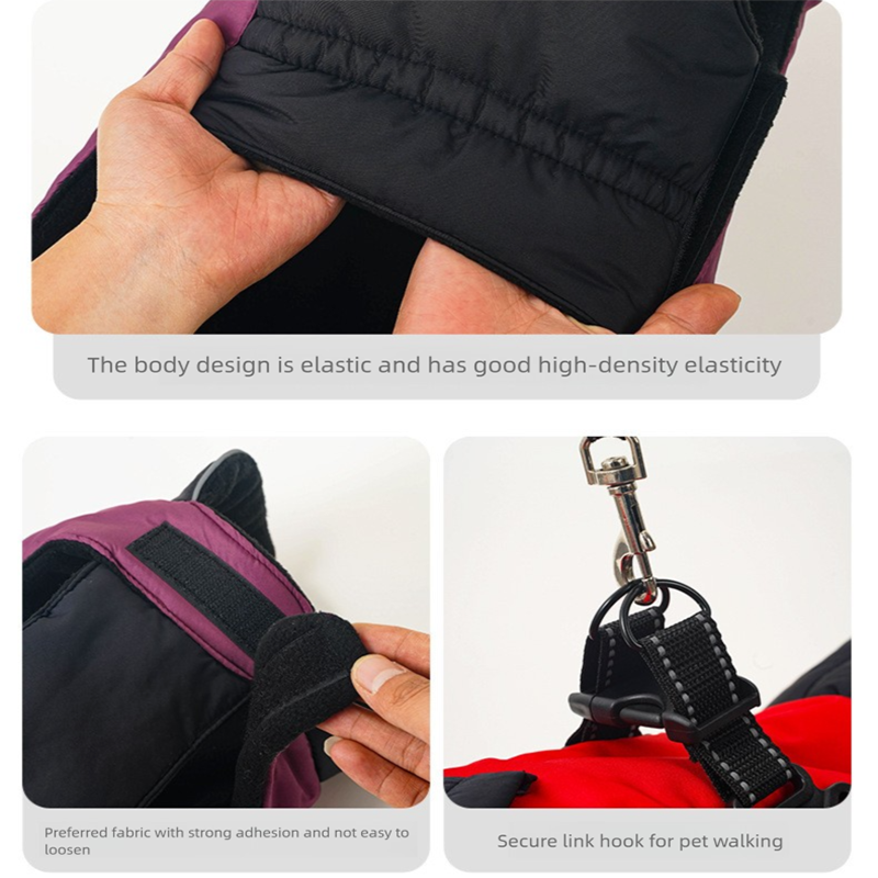 Red Thickened Winter Dog Coat with Reflective Strips – Waterproof, Windproof Pet Jacket for Small to Medium Dogs, Adjustable Fit with Detachable Leash Hook and Decorative Velcro Patch(Size: XL) - Image 7