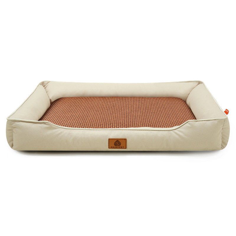 Khaki Rectangular Pet Bed with Removable Cooling Mat – Durable 600D Oxford Fabric Dog & Cat Bed, High-Rebound PP Cotton Filling, Non-Slip Base, for Medium to Large Breeds, Includes Free Cooling Pad(Size:L) - Image 1