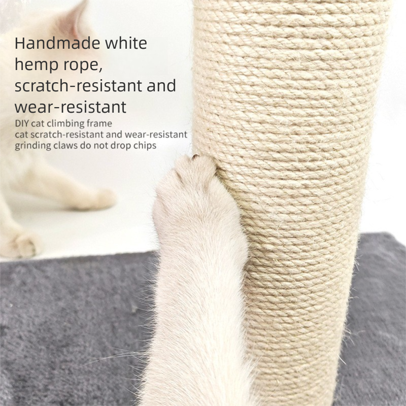 Beige Cat Climbing Frame with Sisal Scratching Post, Integrated Resting Platform and Hanging Pom-Pom Toys – Sturdy Floor Standing Cat Tree for Scratching, Climbing and Relaxation - Image 5