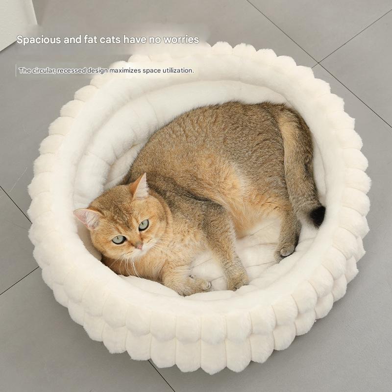 White Plush Round Pet Bed with Removable Cushion M Size, Thickened Warm Dog and Cat Nest for Small to Medium Pets, Cozy and Soft Sleeping Space for Home Use - Image 3