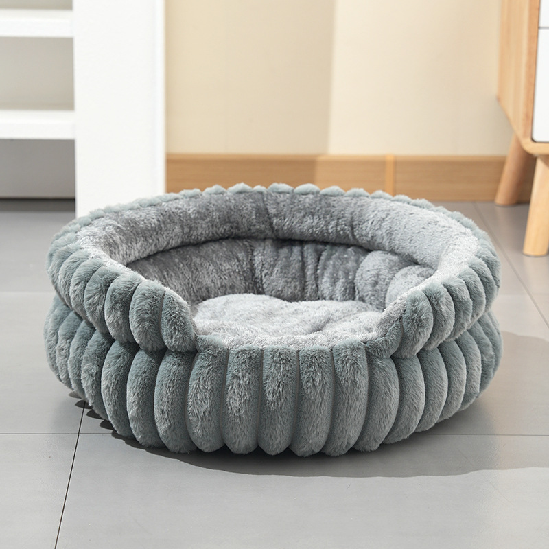 Grey Plush Round Pet Bed with Removable Cushion M Size, Thickened Warm Dog and Cat Nest for Small to Medium Pets, Cozy and Soft Sleeping Space for Home Use(Cut-out version) - Image 1