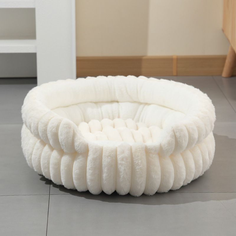 White Plush Round Pet Bed with Removable Cushion M Size, Thickened Warm Dog and Cat Nest for Small to Medium Pets, Cozy and Soft Sleeping Space for Home Use(Cut-out version) - Image 1