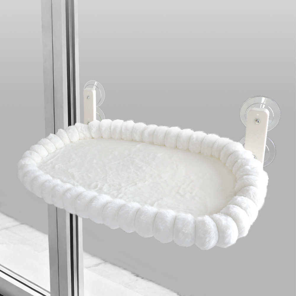 White Plush Cat Window Hammock with Strong Suction Cups, Faux Rabbit Fur Pet Bed for Cats and Small Dogs, Space-Saving Foldable Hanging Cat Perch for Sunbathing and Relaxation - Image 1