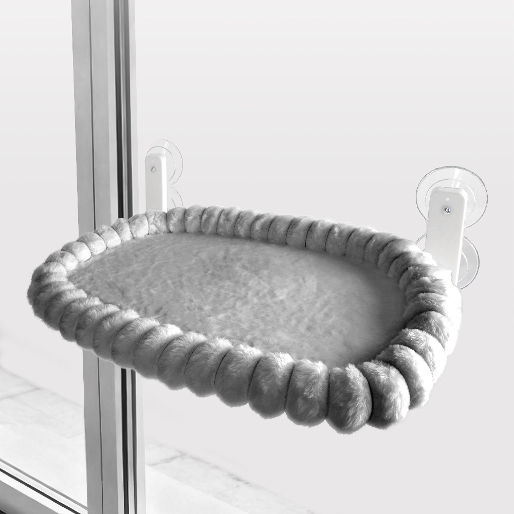 Grey Plush Cat Window Hammock with Strong Suction Cups, Faux Rabbit Fur Pet Bed for Cats and Small Dogs, Space-Saving Foldable Hanging Cat Perch for Sunbathing and Relaxation - Image 1