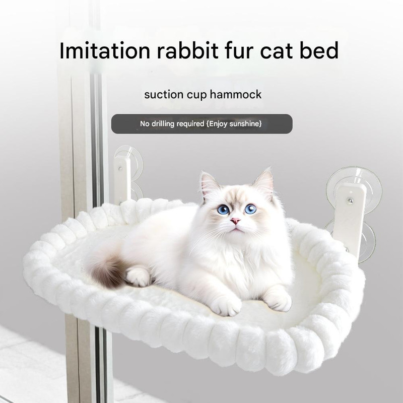 Grey Plush Cat Window Hammock with Strong Suction Cups, Faux Rabbit Fur Pet Bed for Cats and Small Dogs, Space-Saving Foldable Hanging Cat Perch for Sunbathing and Relaxation - Image 2