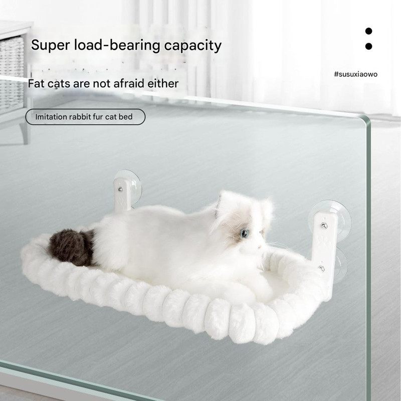 Grey Plush Cat Window Hammock with Strong Suction Cups, Faux Rabbit Fur Pet Bed for Cats and Small Dogs, Space-Saving Foldable Hanging Cat Perch for Sunbathing and Relaxation - Image 3