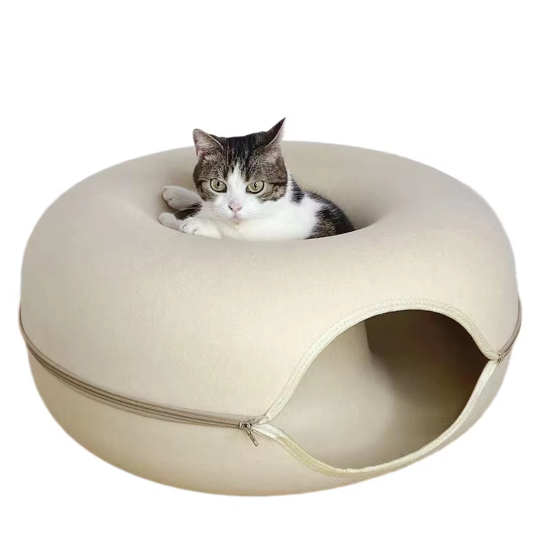 Beige Felt Donut Cat Bed with Zipper Tunnel Toy, Double-Layer Pet Cave for Cats, M Size (50x20cm), Cozy Hideaway for Indoor Cats - Image 1