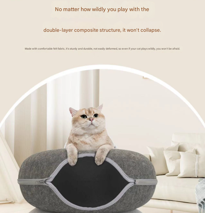 Beige Felt Donut Cat Bed with Zipper Tunnel Toy, Double-Layer Pet Cave for Cats, M Size (50x20cm), Cozy Hideaway for Indoor Cats - Image 4