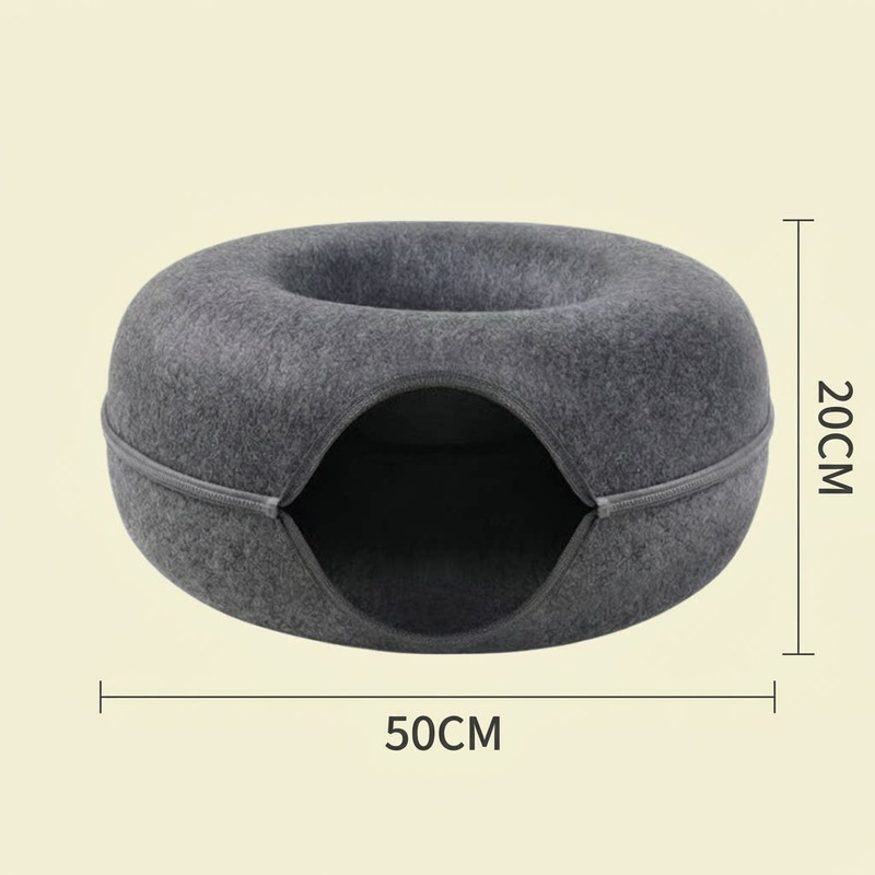 Beige Felt Donut Cat Bed with Zipper Tunnel Toy, Double-Layer Pet Cave for Cats, M Size (50x20cm), Cozy Hideaway for Indoor Cats - Image 6