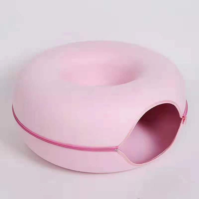 Pink Felt Donut Cat Bed with Zipper Tunnel Toy, Double-Layer Pet Cave for Cats, M Size (50x20cm), Cozy Hideaway for Indoor Cats - Image 1