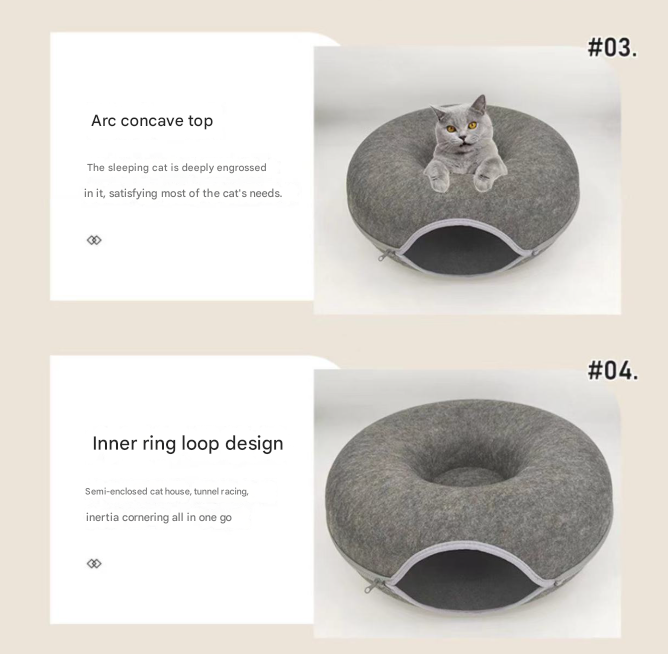 Pink Felt Donut Cat Bed with Zipper Tunnel Toy, Double-Layer Pet Cave for Cats, M Size (50x20cm), Cozy Hideaway for Indoor Cats - Image 3
