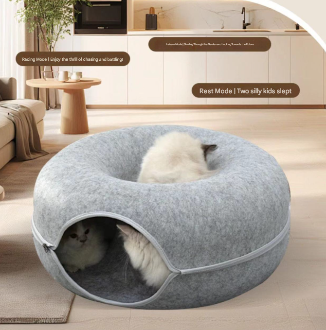 Pink Felt Donut Cat Bed with Zipper Tunnel Toy, Double-Layer Pet Cave for Cats, M Size (50x20cm), Cozy Hideaway for Indoor Cats - Image 5