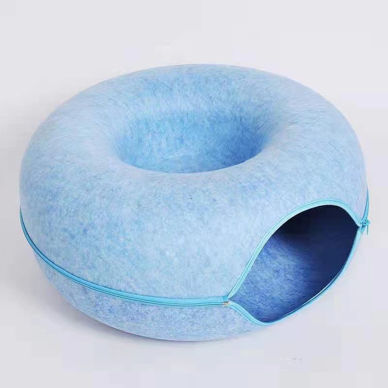 Sky blue Felt Donut Cat Bed with Zipper Tunnel Toy, Double-Layer Pet Cave for Cats, M Size (50x20cm), Cozy Hideaway for Indoor Cats - Image 1