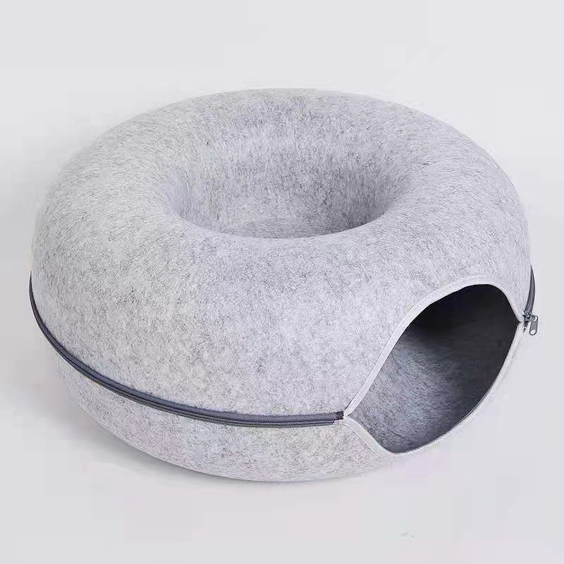 Light grey Felt Donut Cat Bed with Zipper Tunnel Toy, Double-Layer Pet Cave for Cats, M Size (50x20cm), Cozy Hideaway for Indoor Cats - Image 1