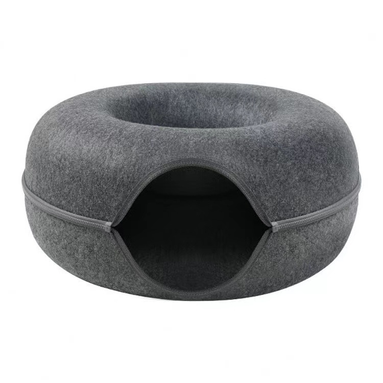 Dark grey Felt Donut Cat Bed with Zipper Tunnel Toy, Double-Layer Pet Cave for Cats, M Size (50x20cm), Cozy Hideaway for Indoor Cats - Image 1