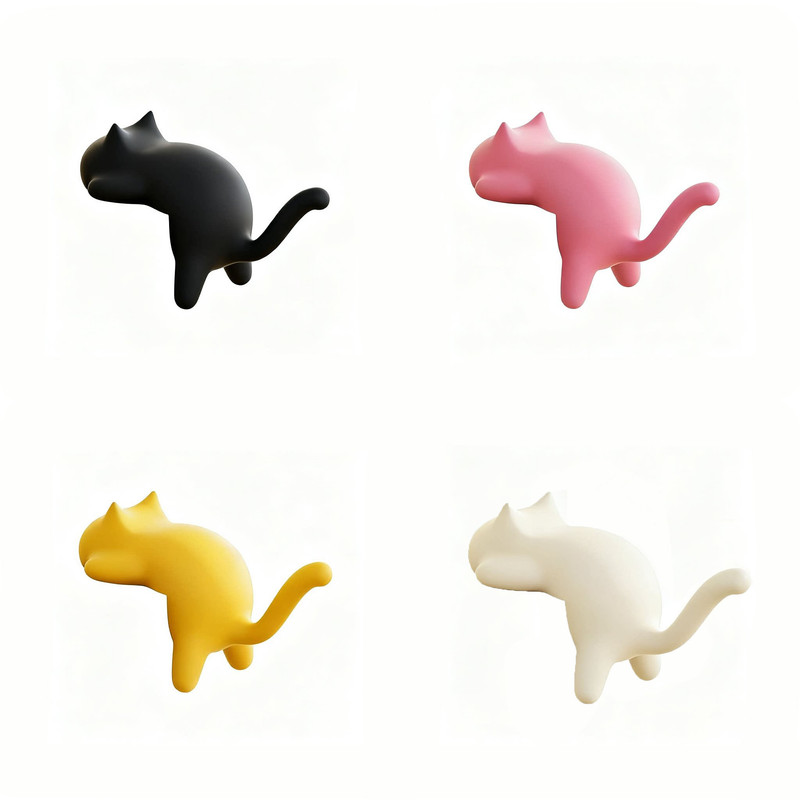 4-Pack Cat-Shaped Desk Hooks - No-Drill Adhesive Mount, Multi-Functional Side Table Organizer for Students & Home Office, Includes Black, Yellow, Pink & White ABS Plastic Hooks - Image 1