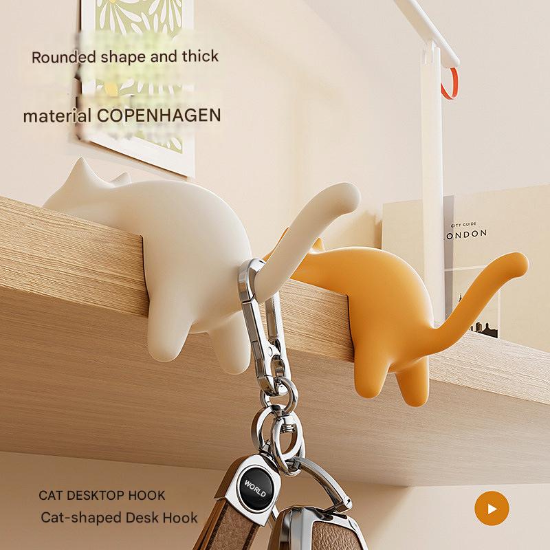 4-Pack Cat-Shaped Desk Hooks - No-Drill Adhesive Mount, Multi-Functional Side Table Organizer for Students & Home Office, Includes Black, Yellow, Pink & White ABS Plastic Hooks - Image 2