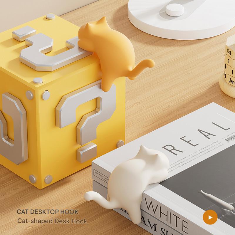 4-Pack Cat-Shaped Desk Hooks - No-Drill Adhesive Mount, Multi-Functional Side Table Organizer for Students & Home Office, Includes Black, Yellow, Pink & White ABS Plastic Hooks - Image 3