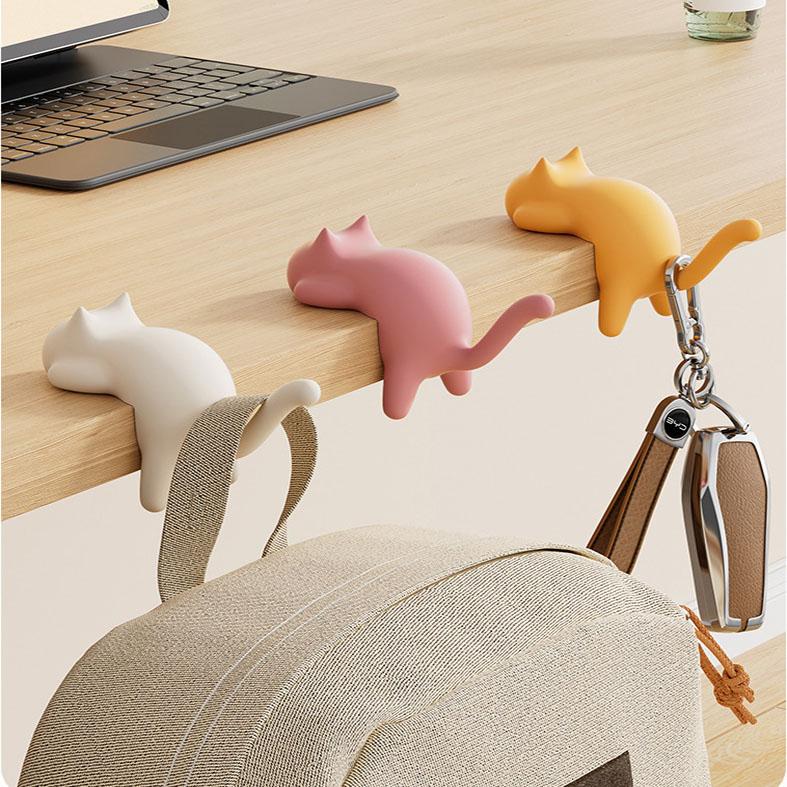 4-Pack Cat-Shaped Desk Hooks - No-Drill Adhesive Mount, Multi-Functional Side Table Organizer for Students & Home Office, Includes Black, Yellow, Pink & White ABS Plastic Hooks - Image 5