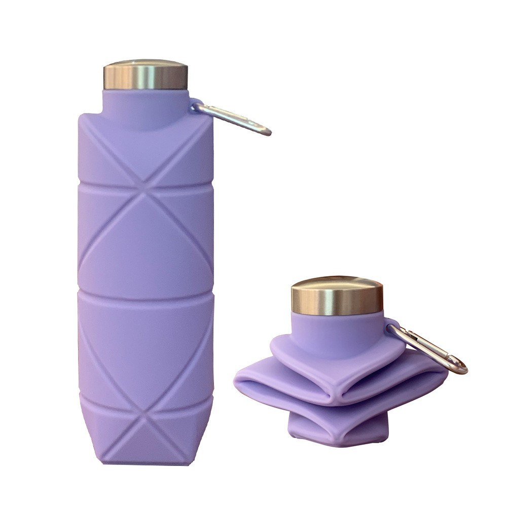 Purple 700ml Collapsible Silicone Water Bottle with Diamond Pattern - Food-Grade Portable Sports Bottle for Hiking, Camping, Travel & Gym - Leak-Proof Foldable Design with Carabiner Clip - Image 1