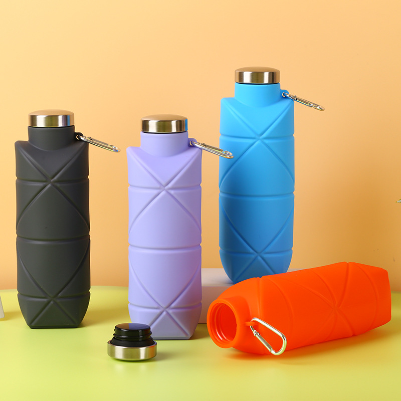 Purple 700ml Collapsible Silicone Water Bottle with Diamond Pattern - Food-Grade Portable Sports Bottle for Hiking, Camping, Travel & Gym - Leak-Proof Foldable Design with Carabiner Clip - Image 3
