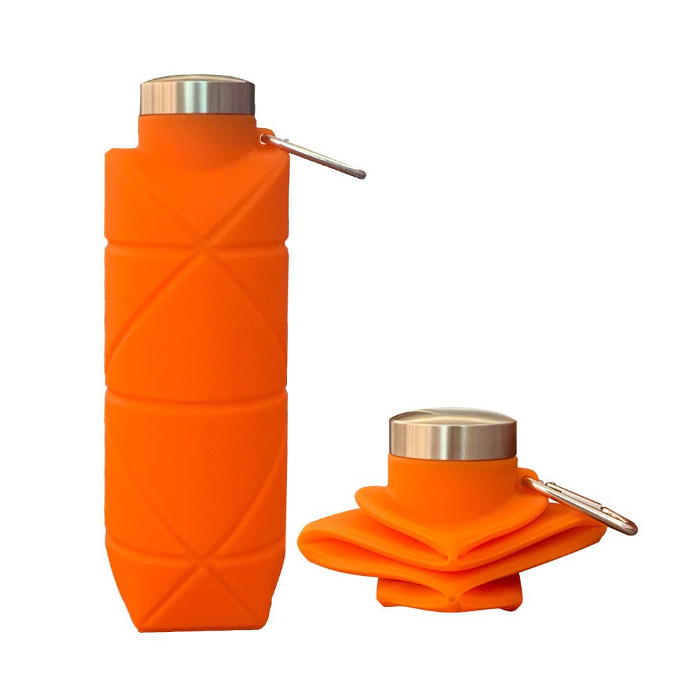 Orange-red 700ml Collapsible Silicone Water Bottle with Diamond Pattern - Food-Grade Portable Sports Bottle for Hiking, Camping, Travel & Gym - Leak-Proof Foldable Design with Carabiner Clip - Image 1