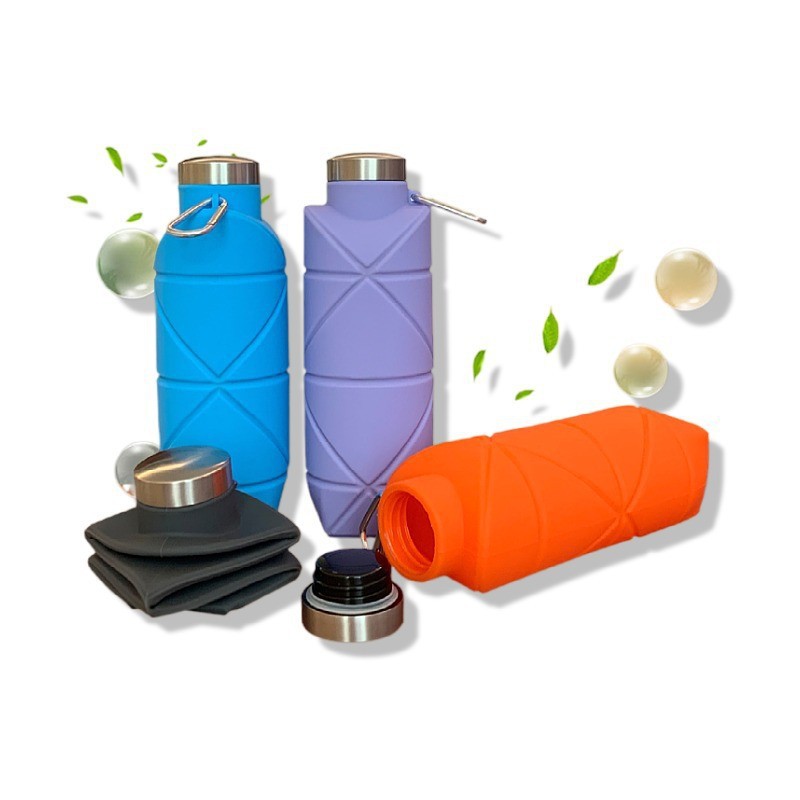 Orange-red 700ml Collapsible Silicone Water Bottle with Diamond Pattern - Food-Grade Portable Sports Bottle for Hiking, Camping, Travel & Gym - Leak-Proof Foldable Design with Carabiner Clip - Image 2