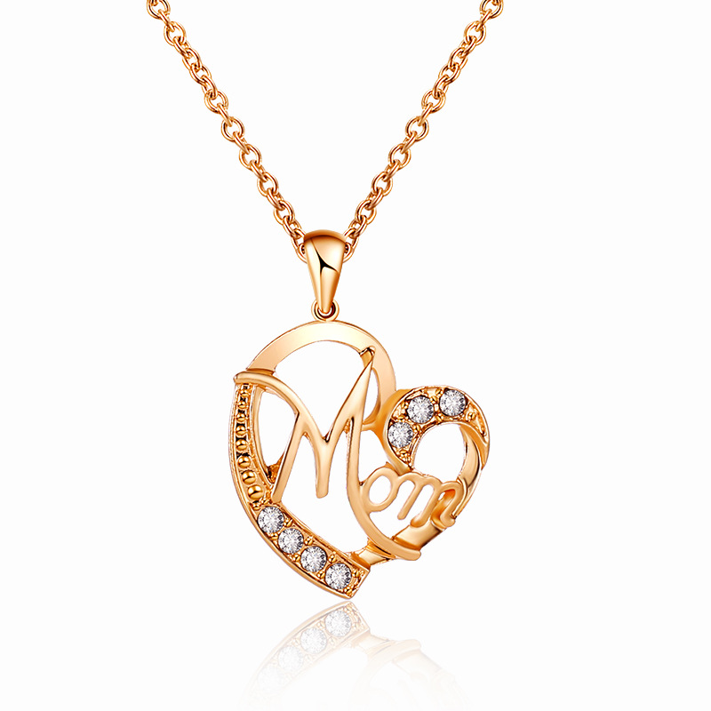Golden Mom Heart Pendant Necklace with Rhinestones - Image 1