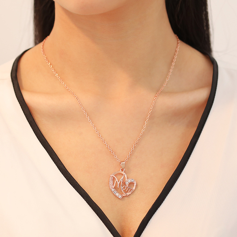 Golden Mom Heart Pendant Necklace with Rhinestones - Image 4