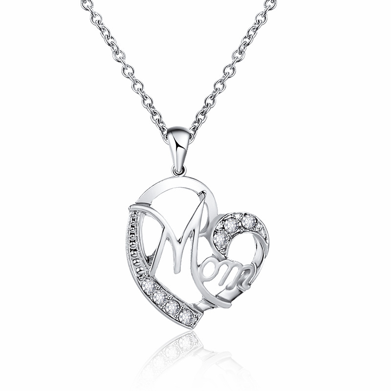 Silver Mom Heart Pendant Necklace with Rhinestones - Image 1