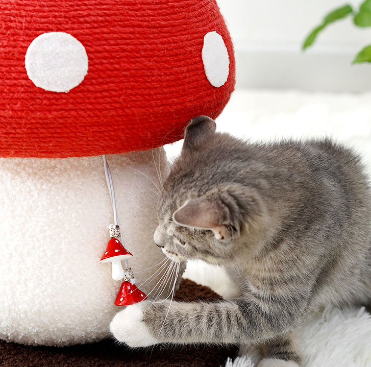 Red Mushroom Cat Tree with Sisal Scratching Post - Large Vertical Cat Climber, Durable Scratch-Resistant Design with Hanging Toys, Stylish Home Decor for Indoor Cats(340mm*280mm) - Image 3