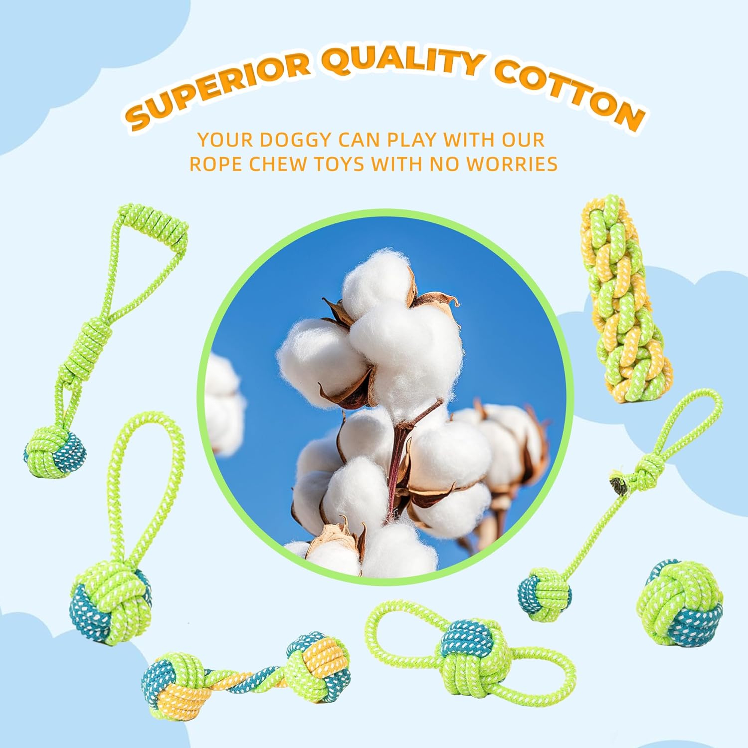 7-Piece Green Durable Cotton Rope Dog Toy Set - Washable Knotted Ball & Tug Toys for Aggressive Chewers, Interactive Teeth Cleaning Pet Toy for Small to Medium Dogs & Cats - Image 5