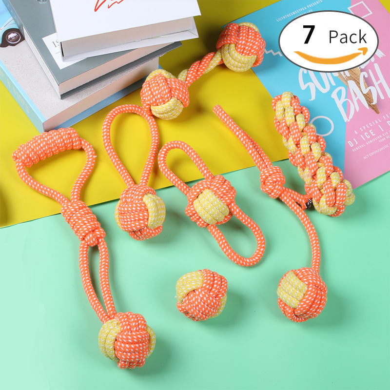 7-Piece Orange-yellow Durable Cotton Rope Dog Toy Set - Washable Knotted Ball & Tug Toys for Aggressive Chewers, Interactive Teeth Cleaning Pet Toy for Small to Medium Dogs & Cats - Image 1