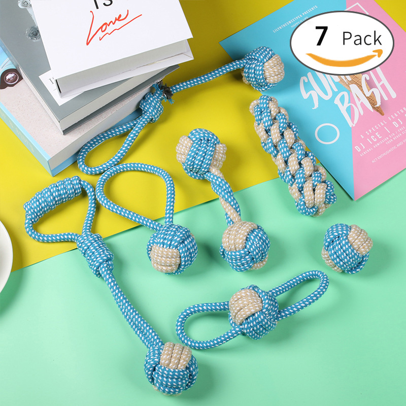 7-Piece Blue-gray Durable Cotton Rope Dog Toy Set - Washable Knotted Ball & Tug Toys for Aggressive Chewers, Interactive Teeth Cleaning Pet Toy for Small to Medium Dogs & Cats - Image 1